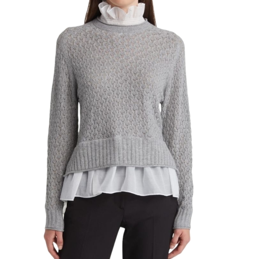 Ted Baker Holina Grey Textured Cashmere Blend Sweater Mock Ruffle White Shirt